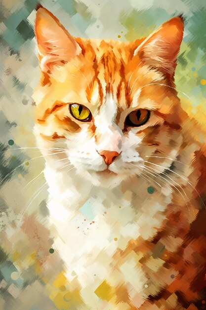 A painting of a cat with yellow eyes