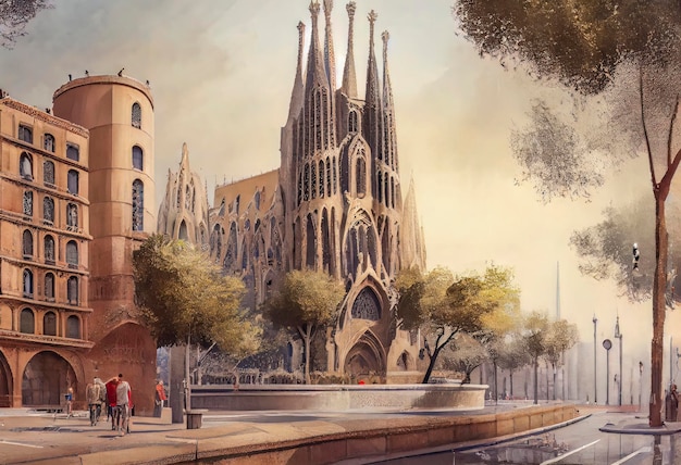 A painting of a cathedral in barcelona