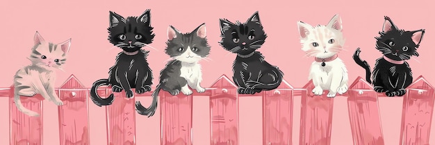 Photo a painting of cats on a fence with a pink background