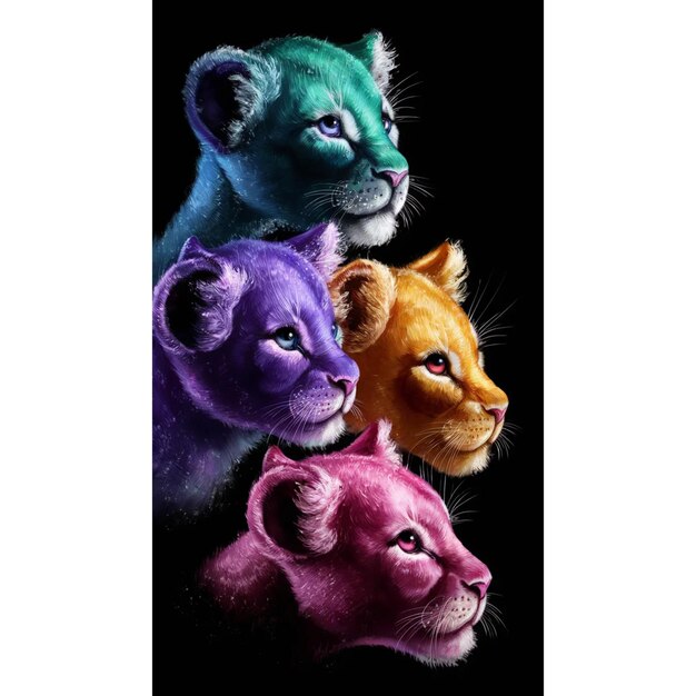 a painting of cats and lions on a black background