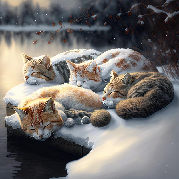 Photo a painting of cats sleeping on a log in the snow.