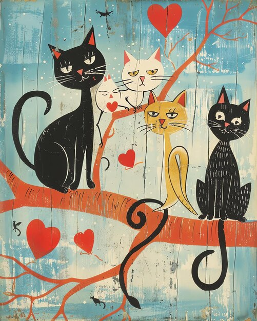 Photo a painting of cats with hearts on the front of them