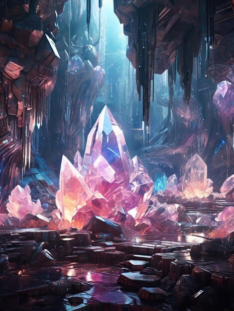 Photo a painting of a cave with a large diamond and crystals