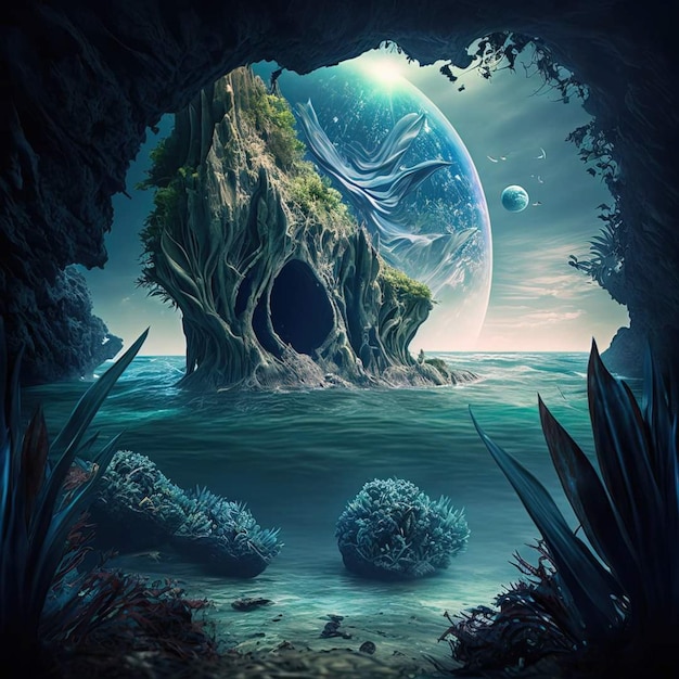 A painting of a cave with a planet on it