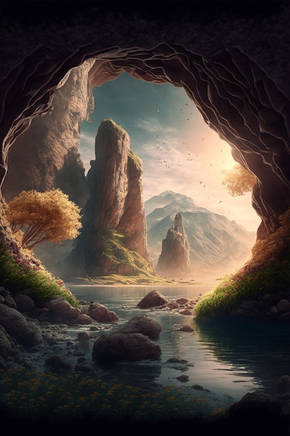 Painting of a cave with a river running through it generative ai