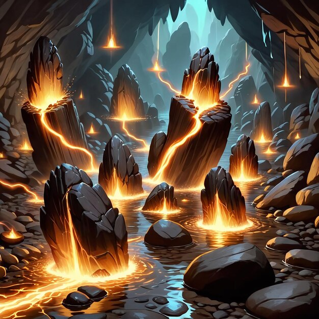 a painting of a cave with a waterfall and a waterfall in the background