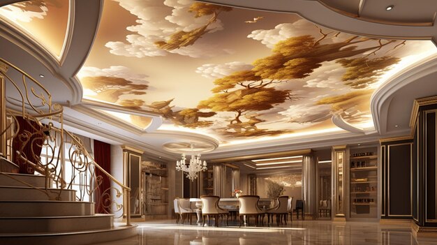 a painting of a ceiling with a sky painted on it