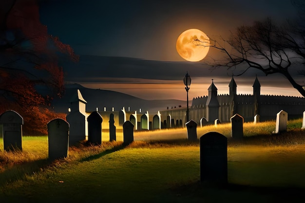 Photo a painting of a cemetery with a full moon in the background.