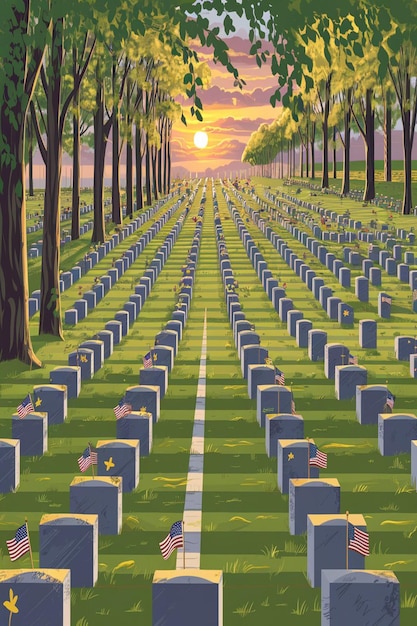 A painting of a cemetery with a tree lined path