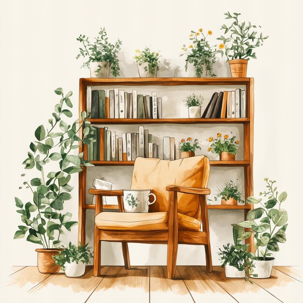 Photo a painting of a chair and a bookcase with plants and flowers