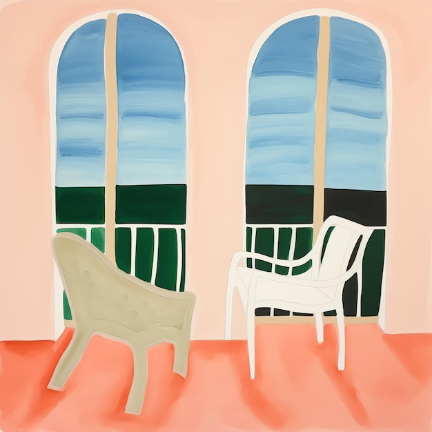 Photo a painting of a chair and a chair in front of a window with a view of the mountains