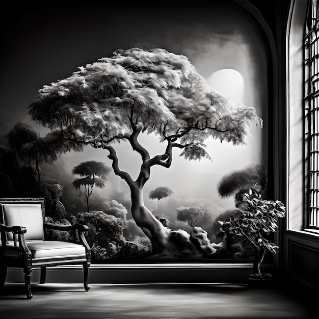 a painting of a chair in a room with a painting of a tree