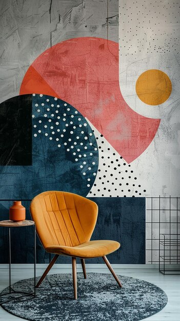 a painting of a chair and a wall with a painting of a sun and a painting of a chair