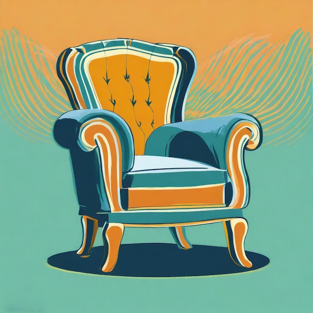 a painting of a chair with a blue and yellow background