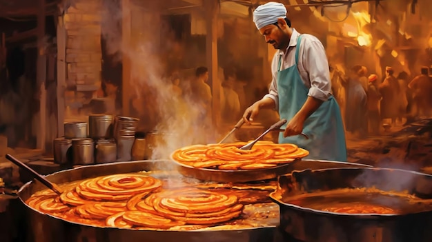 A painting of a chef cooking food in a restaurant.