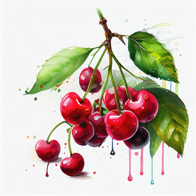 A painting of cherries on a branch with a green leaf and the word cherries on it.