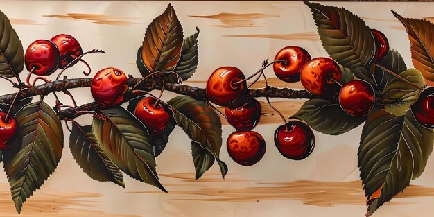 Photo a painting of cherries on a branch with leaves and leaves