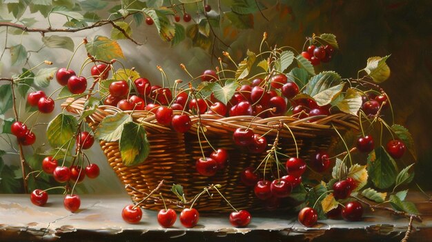 a painting of cherries and leaves with a basket of cherries