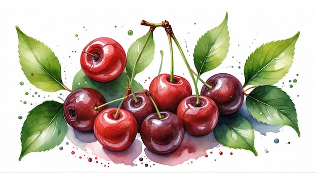 Photo a painting of cherries with a green leaf and a drawing of a red cherries