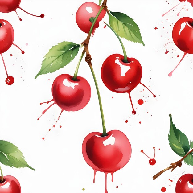 Photo a painting of cherries with a green leaf and red liquid