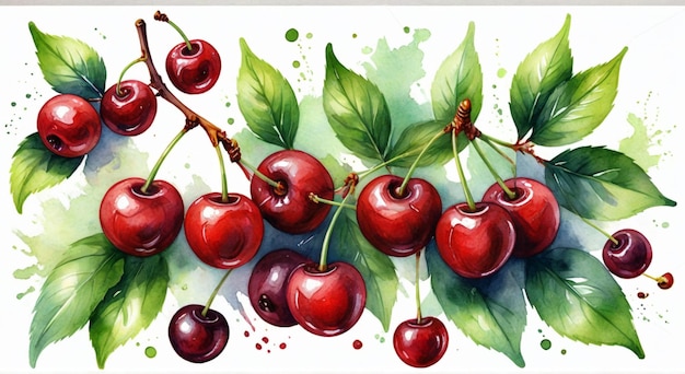 a painting of cherries with a green leaf and a watercolor painting of a branch with a leaf