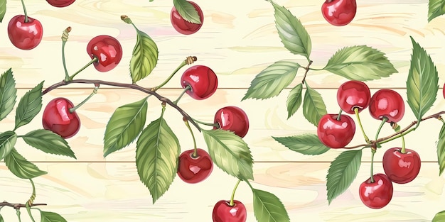 a painting of cherries with leaves and a branch