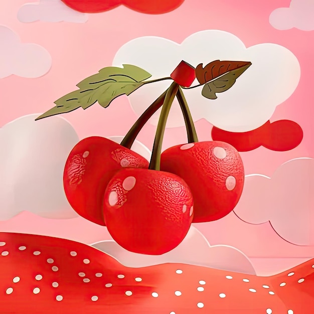 Photo a painting of cherries with a red background with a drawing of a strawberry