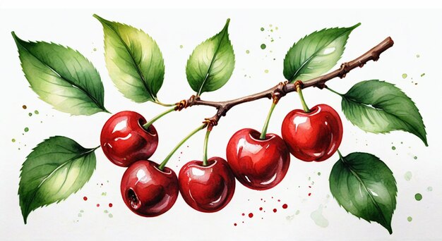 a painting of cherries with a watercolor background