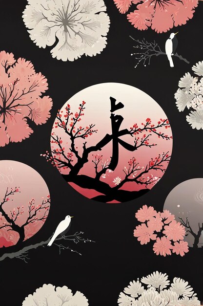 Photo a painting of a cherry blossom tree with a pink moon and white flowers