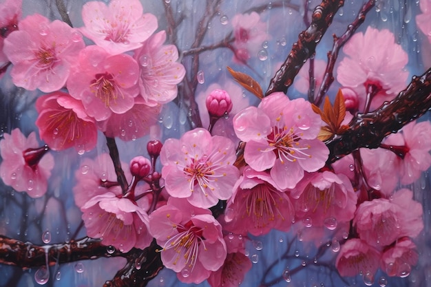 A painting of a cherry blossom tree with raindrops on the branches.