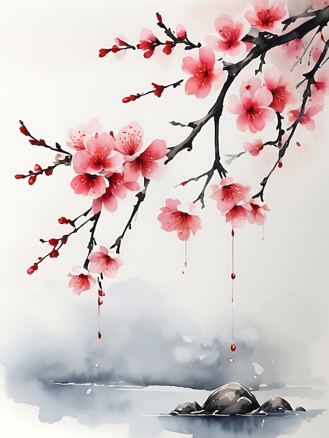 a painting of a cherry blossom tree with water drops on it