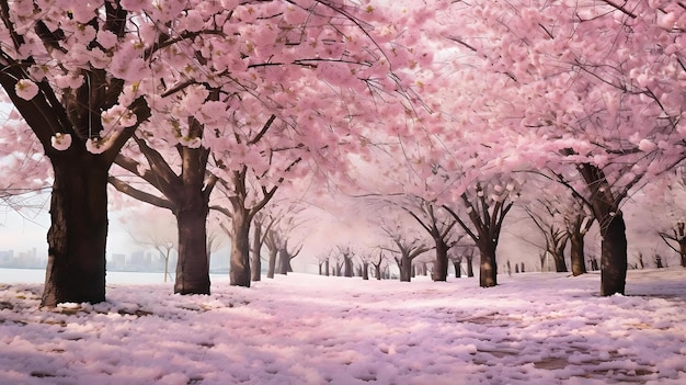 A painting of cherry blossom trees in a park