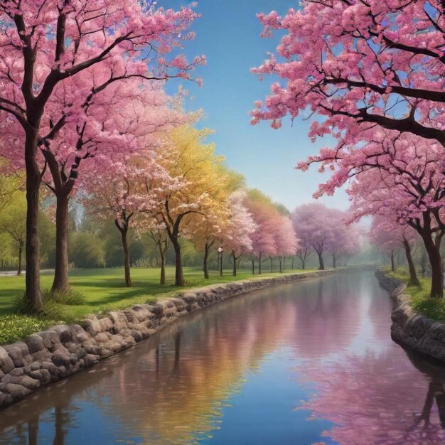 a painting of cherry blossom trees and a river with a reflection of the trees in the water