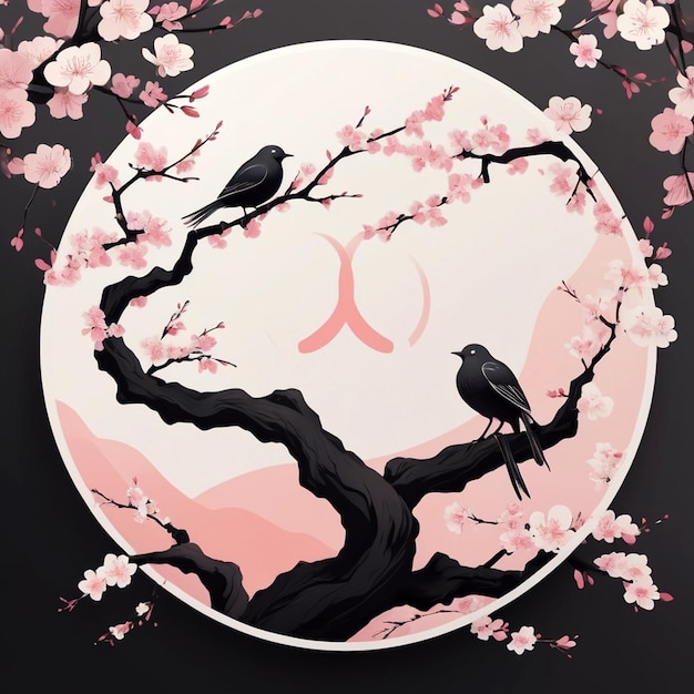 a painting of cherry blossoms and birds on a black background