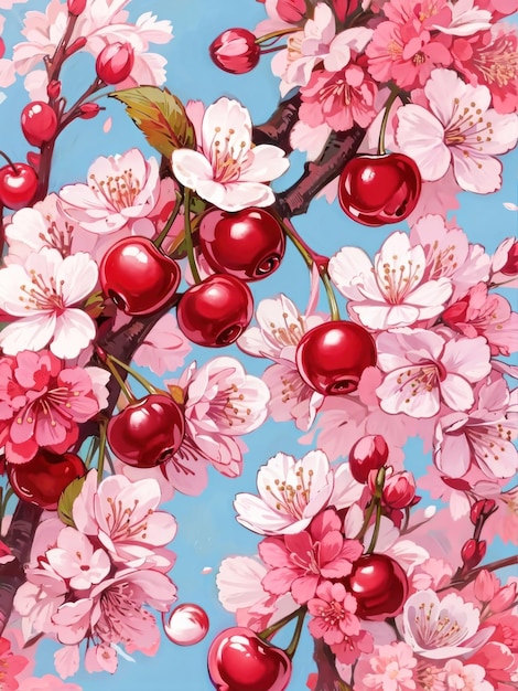 a painting of a cherry tree with a blue background