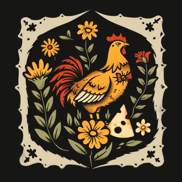 a painting of a chicken and a bird with flowers on it