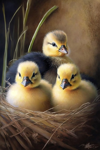 A painting of a chicken family in a nest