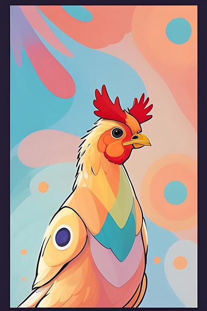 Photo a painting of a chicken with a red mane and a blue circle around it