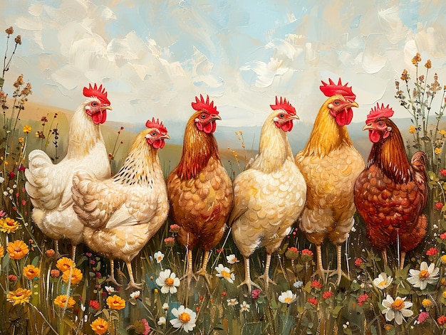 a painting of chickens in a field with flowers in the background