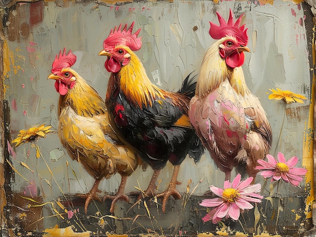 a painting of chickens and flowers with a painting of a rooster