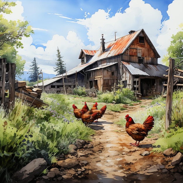 painting of chickens walking down a dirt road in front of a barn generative ai