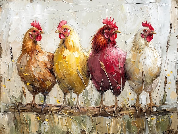 a painting of chickens with a red head and yellow feathers