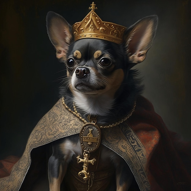 A painting of a chihuahua black with brown spots dress.