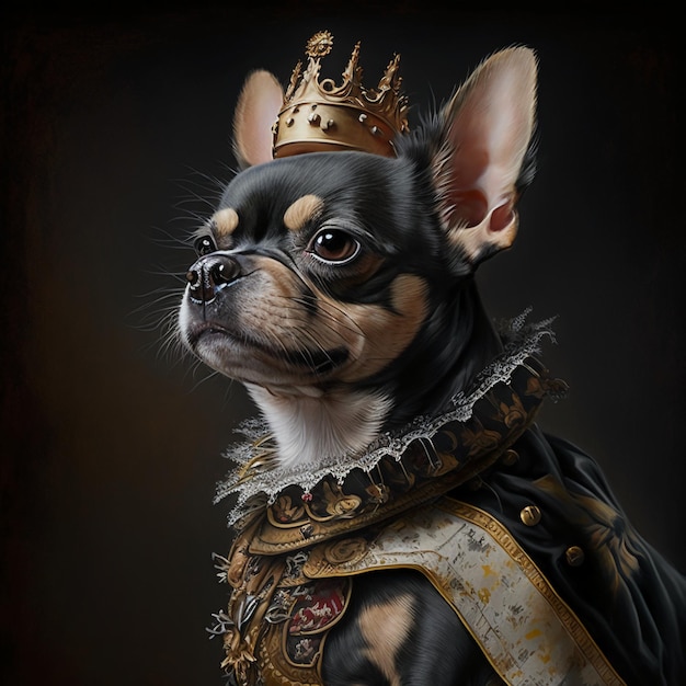 A painting of a chihuahua black with brown spots dress.