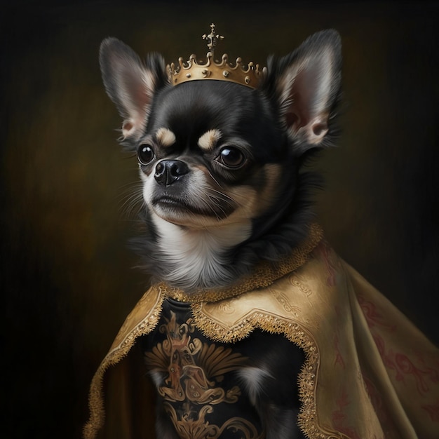 A painting of a chihuahua black with brown spots dress.