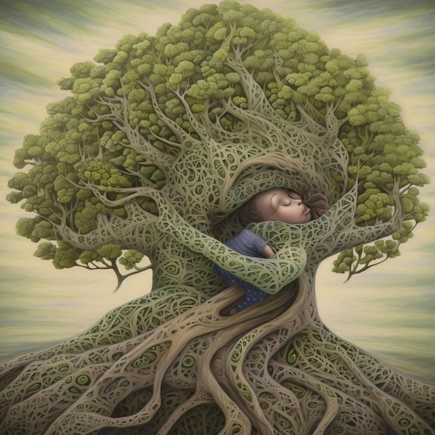 Painting of a child hugging a tree with a green background generative ai