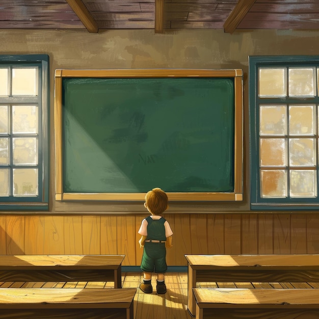 Photo a painting of a child looking at a chalkboard with the words  the word  on it