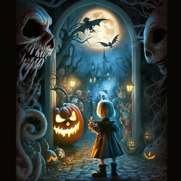 A painting of a child looking at a pumpkin with the words halloween on it.