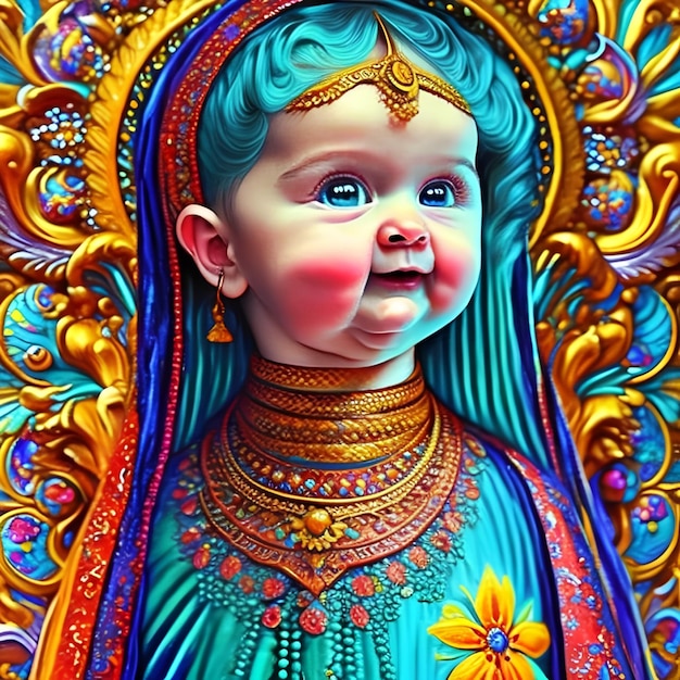 A painting of a child with blue hair and blue eyes.