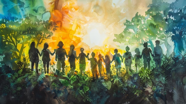 Painting of children of different races holding hands in front of a colorful forest